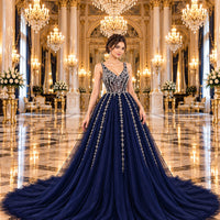 Evening Dress Luxury A-Line  Thin Straps Crystal Beaded Open Back formal Floor Length ball Gown Natalia Home Fashion    Natalia Home Fashion