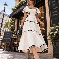Women's Vintage Square Neck Flutter Sleeve Dress Summer Black Scallop Trim Tiered Ruffle Long Casual Vacation A-line Natalia Home Fashion    Natalia Home Fashion
