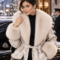 Genuine Sheep Shearling Trench Coat Fluffy Big Real Fox Fur Collar Winter Long Natural Leather Coat for Women Natalia Home Fashion    Natalia Home Fashion