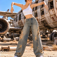Retro High Street Wide Leg Denim Jeans Women Summer Wasteland High Waist Loose Straight Long Trousers Natalia Home Fashion    Natalia Home Fashion
