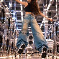 Washed High Street Straight Leg Cuffed Jeans Women Loose Casual Pants High Waist Vintage Graffiti Jeans Natalia Home Fashion    Natalia Home Fashion