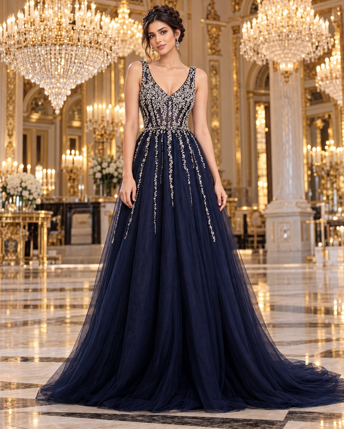 Evening Dress Luxury A-Line  Thin Straps Crystal Beaded Open Back formal Floor Length ball Gown Natalia Home Fashion    Natalia Home Fashion