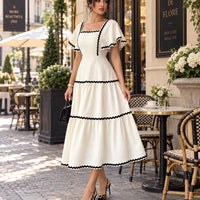 Women's Vintage Square Neck Flutter Sleeve Dress Summer Black Scallop Trim Tiered Ruffle Long Casual Vacation A-line Natalia Home Fashion    Natalia Home Fashion
