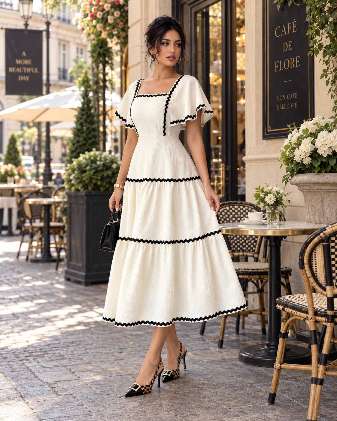 Women's Vintage Square Neck Flutter Sleeve Dress Summer Black Scallop Trim Tiered Ruffle Long Casual Vacation A-line Natalia Home Fashion    Natalia Home Fashion