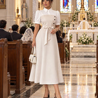 Women's Elegant Turn-down Collar Puff Sleeve Lace-up High Waist Spliced False Two-piece A-line Midi Dress for Office Daily casual Wear Natalia Home Fashion    Natalia Home Fashion