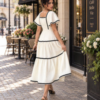 Women's Vintage Square Neck Flutter Sleeve Dress Summer Black Scallop Trim Tiered Ruffle Long Casual Vacation A-line Natalia Home Fashion    Natalia Home Fashion