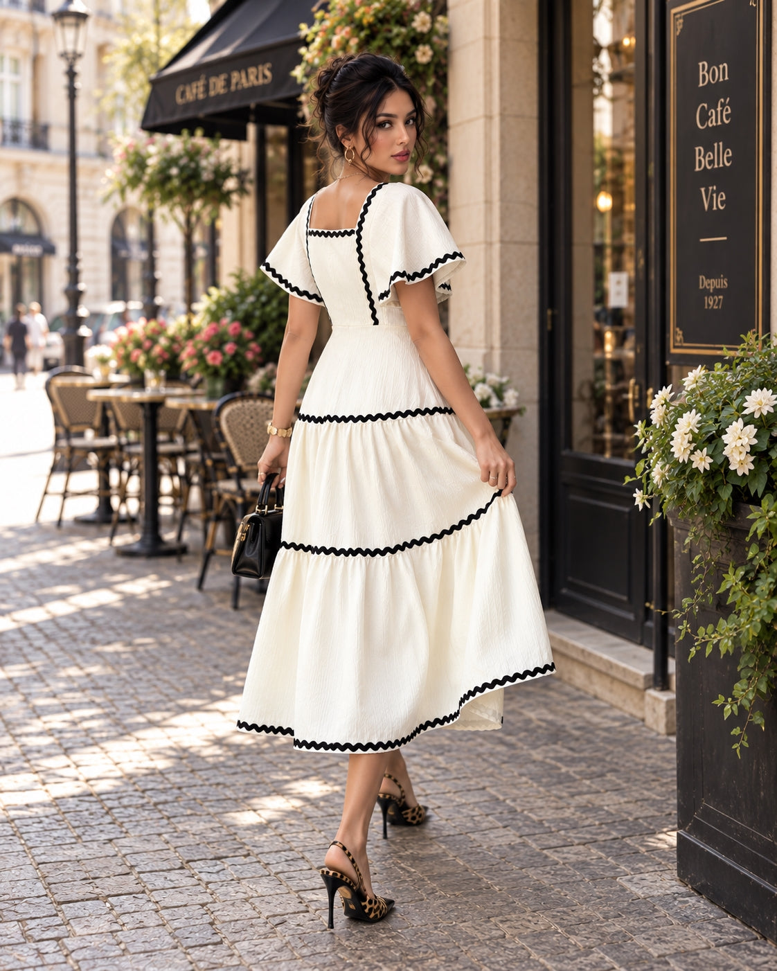 Women's Vintage Square Neck Flutter Sleeve Dress Summer Black Scallop Trim Tiered Ruffle Long Casual Vacation A-line Natalia Home Fashion    Natalia Home Fashion