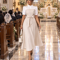 Women's Elegant Turn-down Collar Puff Sleeve Lace-up High Waist Spliced False Two-piece A-line Midi Dress for Office Daily casual Wear Natalia Home Fashion    Natalia Home Fashion