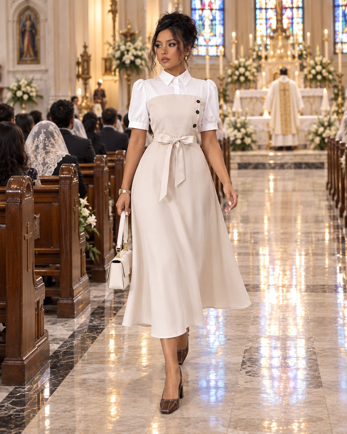 Women's Elegant Turn-down Collar Puff Sleeve Lace-up High Waist Spliced False Two-piece A-line Midi Dress for Office Daily casual Wear Natalia Home Fashion    Natalia Home Fashion