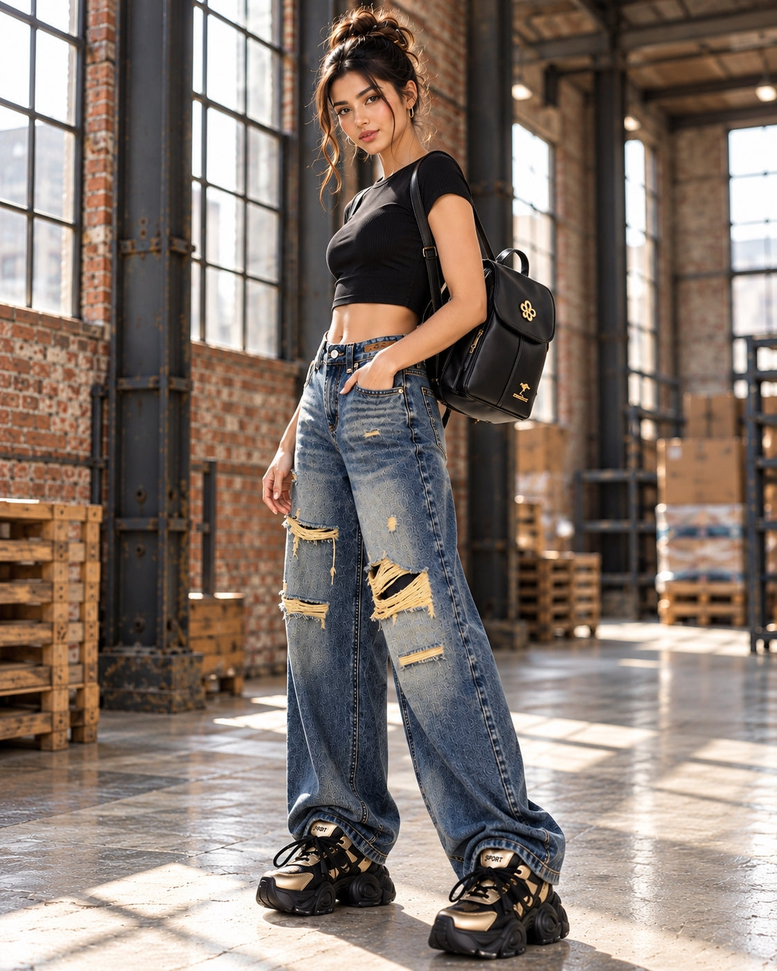 Irregular Hole Vintage Jeans Women Distressed Washed Wide Leg Loose Denim Pants Natalia Home Fashion    Natalia Home Fashion