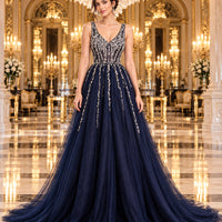 Evening Dress Luxury A-Line  Thin Straps Crystal Beaded Open Back formal Floor Length ball Gown Natalia Home Fashion    Natalia Home Fashion