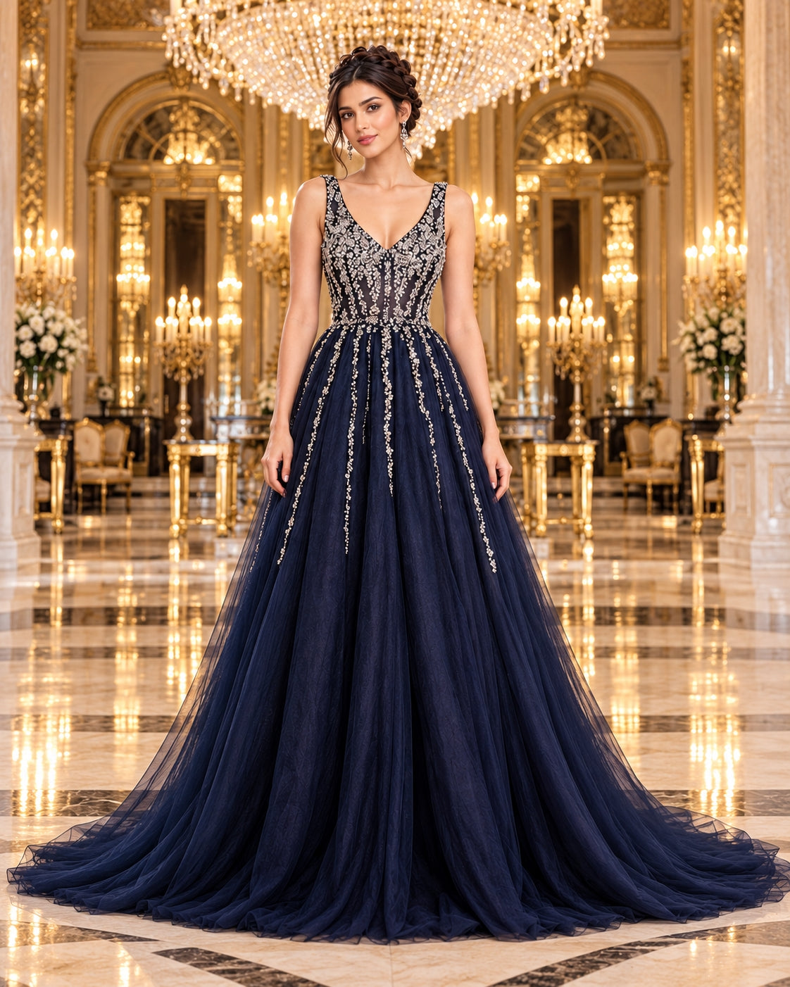 Evening Dress Luxury A-Line  Thin Straps Crystal Beaded Open Back formal Floor Length ball Gown Natalia Home Fashion    Natalia Home Fashion