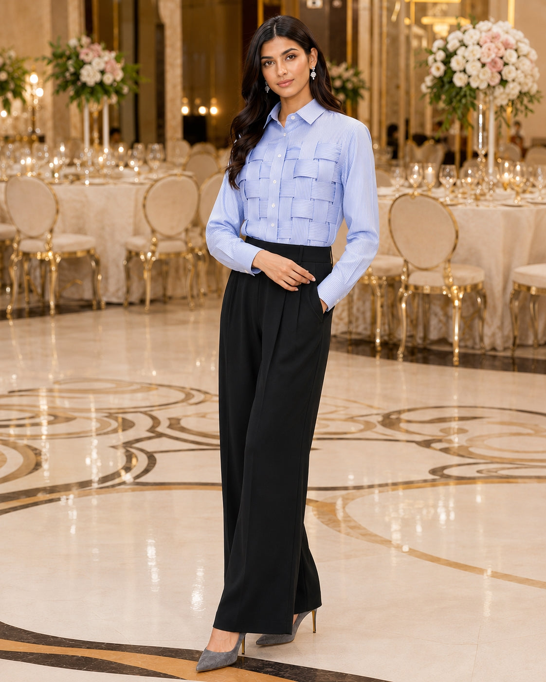 Blue Long Sleeved Striped Shirts for Women Polo Neck Cool and Elegant Women's Shirts