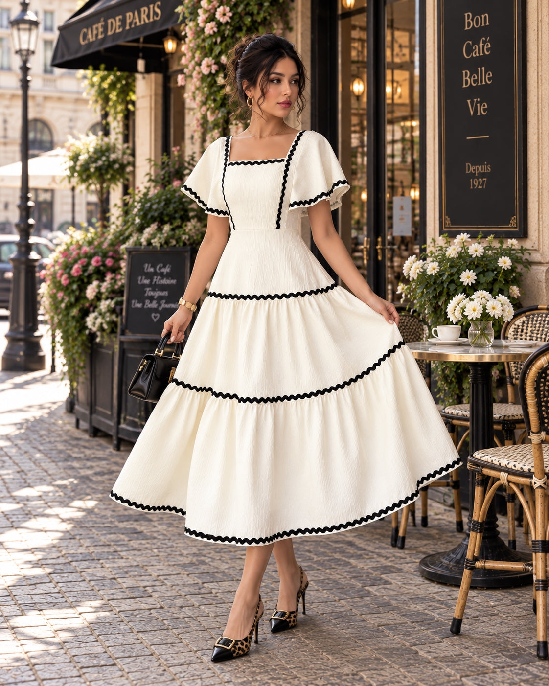 Women's Vintage Square Neck Flutter Sleeve Dress Summer Black Scallop Trim Tiered Ruffle Long Casual Vacation A-line Natalia Home Fashion    Natalia Home Fashion