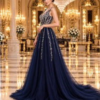 Evening Dress Luxury A-Line  Thin Straps Crystal Beaded Open Back formal Floor Length ball Gown Natalia Home Fashion    Natalia Home Fashion