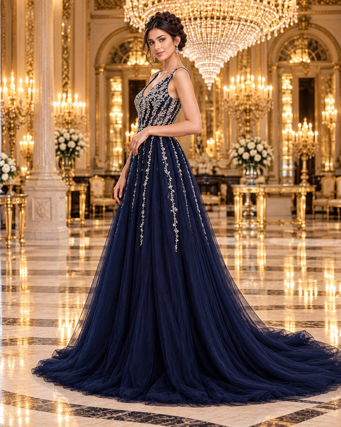 Evening Dress Luxury A-Line  Thin Straps Crystal Beaded Open Back formal Floor Length ball Gown Natalia Home Fashion    Natalia Home Fashion