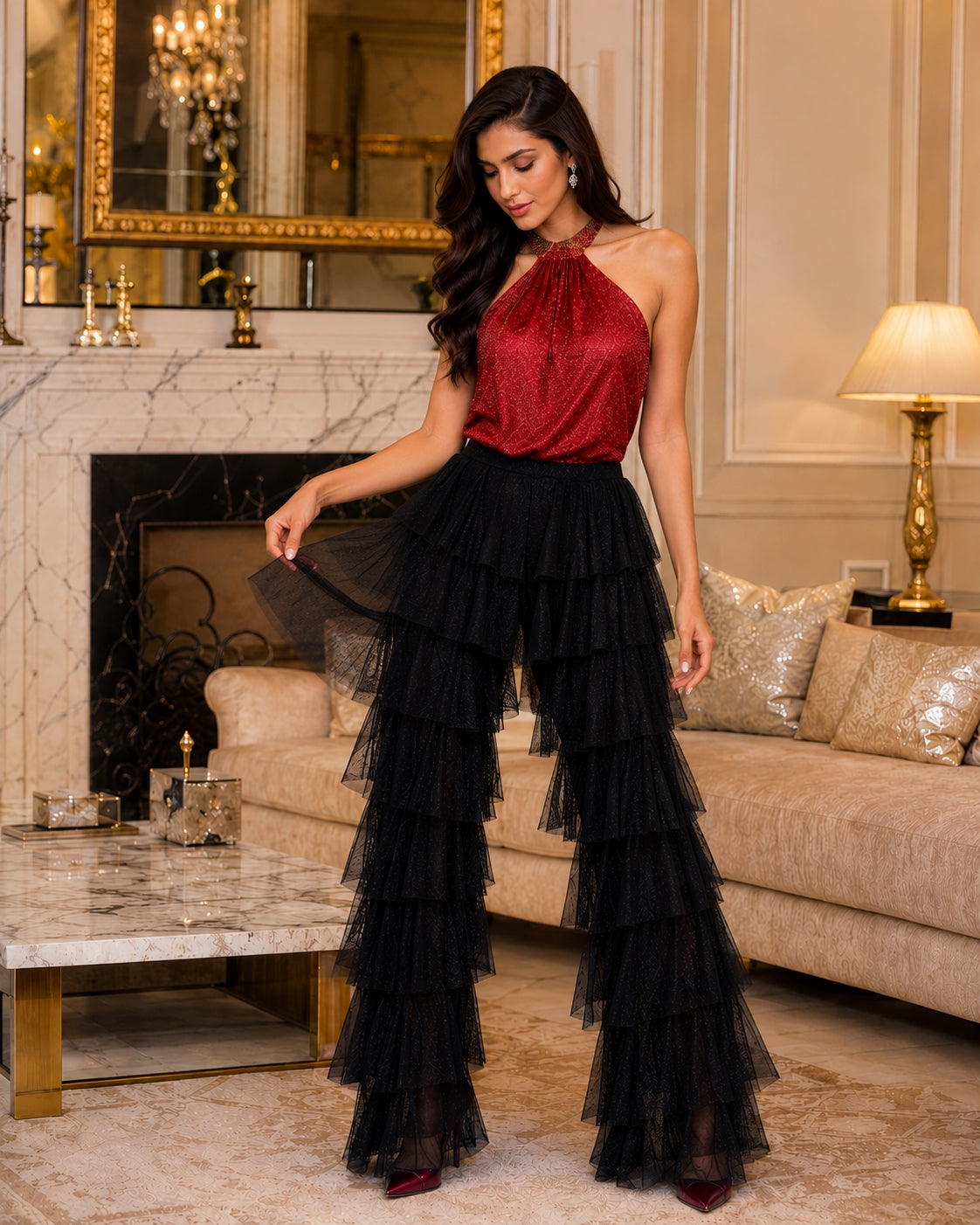 Mesh Splicing Elastic Cake Pants Europe And Peng Mesh Pants Comfortable Pants for Women Casual