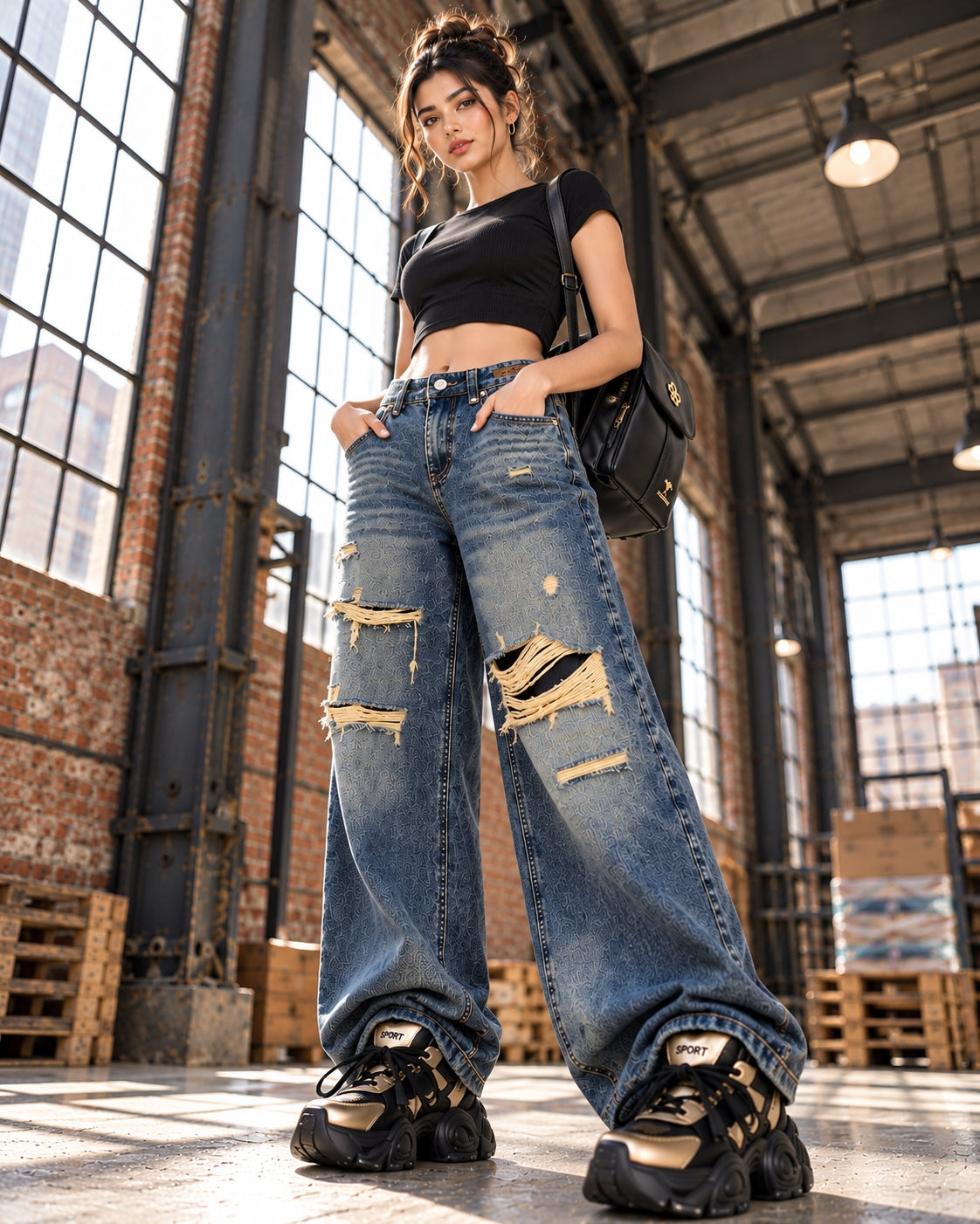 Irregular Hole Vintage Jeans Women Distressed Washed Wide Leg Loose Denim Pants Natalia Home Fashion    Natalia Home Fashion