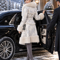Genuine Sheep Shearling Trench Coat Fluffy Big Real Fox Fur Collar Winter Long Natural Leather Coat for Women Natalia Home Fashion    Natalia Home Fashion