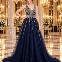 Evening Dress Luxury A-Line  Thin Straps Crystal Beaded Open Back formal Floor Length ball Gown Natalia Home Fashion    Natalia Home Fashion