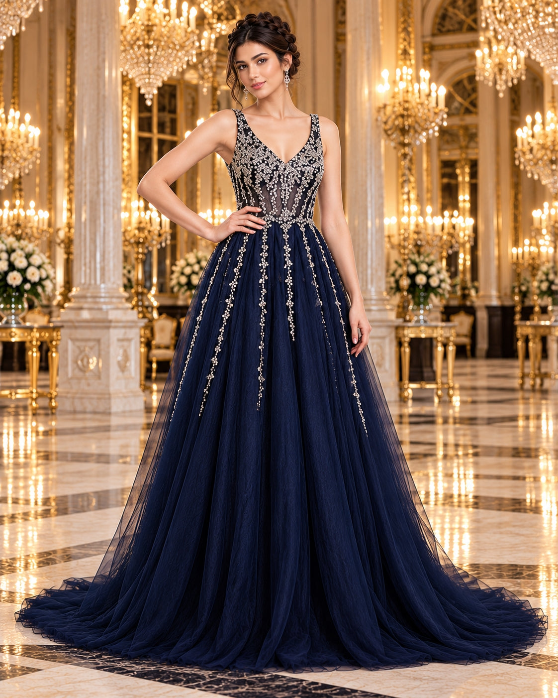 Evening Dress Luxury A-Line  Thin Straps Crystal Beaded Open Back formal Floor Length ball Gown Natalia Home Fashion    Natalia Home Fashion