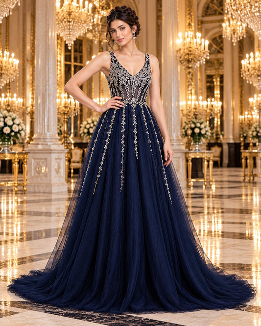 Evening Dress Luxury A-Line  Thin Straps Crystal Beaded Open Back formal Floor Length ball Gown Natalia Home Fashion    Natalia Home Fashion