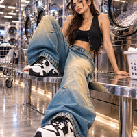 Washed High Street Straight Leg Cuffed Jeans Women Loose Casual Pants High Waist Vintage Graffiti Jeans Natalia Home Fashion    Natalia Home Fashion