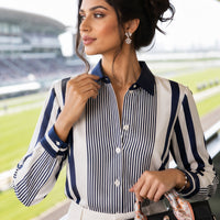 Office Lady Turn-down Collar Straight Loose Button Dress Shirts Blue Striped Long Sleeve Blouses Spring Thin Women's Clothing