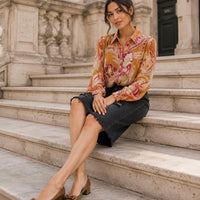 Spring New Ethnic style Flower Print Chiffon Shirt Single Breasted Tiered Ruffles Women's Sheer Top Thin Blouse