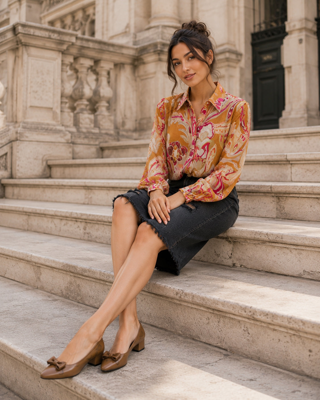 Spring New Ethnic style Flower Print Chiffon Shirt Single Breasted Tiered Ruffles Women's Sheer Top Thin Blouse