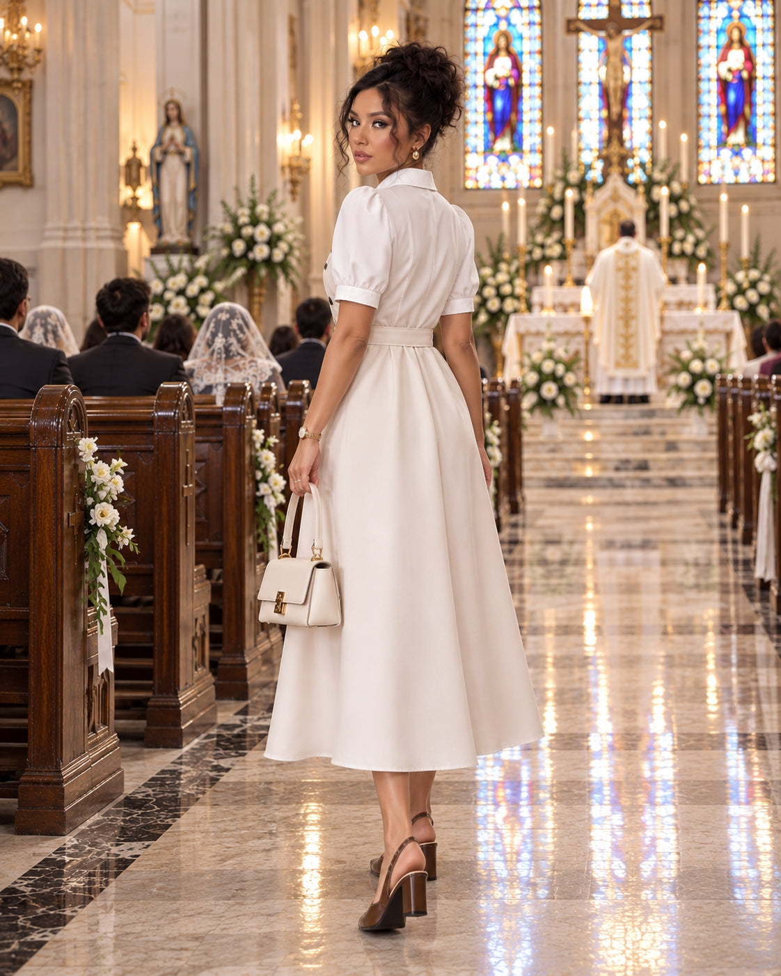 Women's Elegant Turn-down Collar Puff Sleeve Lace-up High Waist Spliced False Two-piece A-line Midi Dress for Office Daily casual Wear Natalia Home Fashion    Natalia Home Fashion