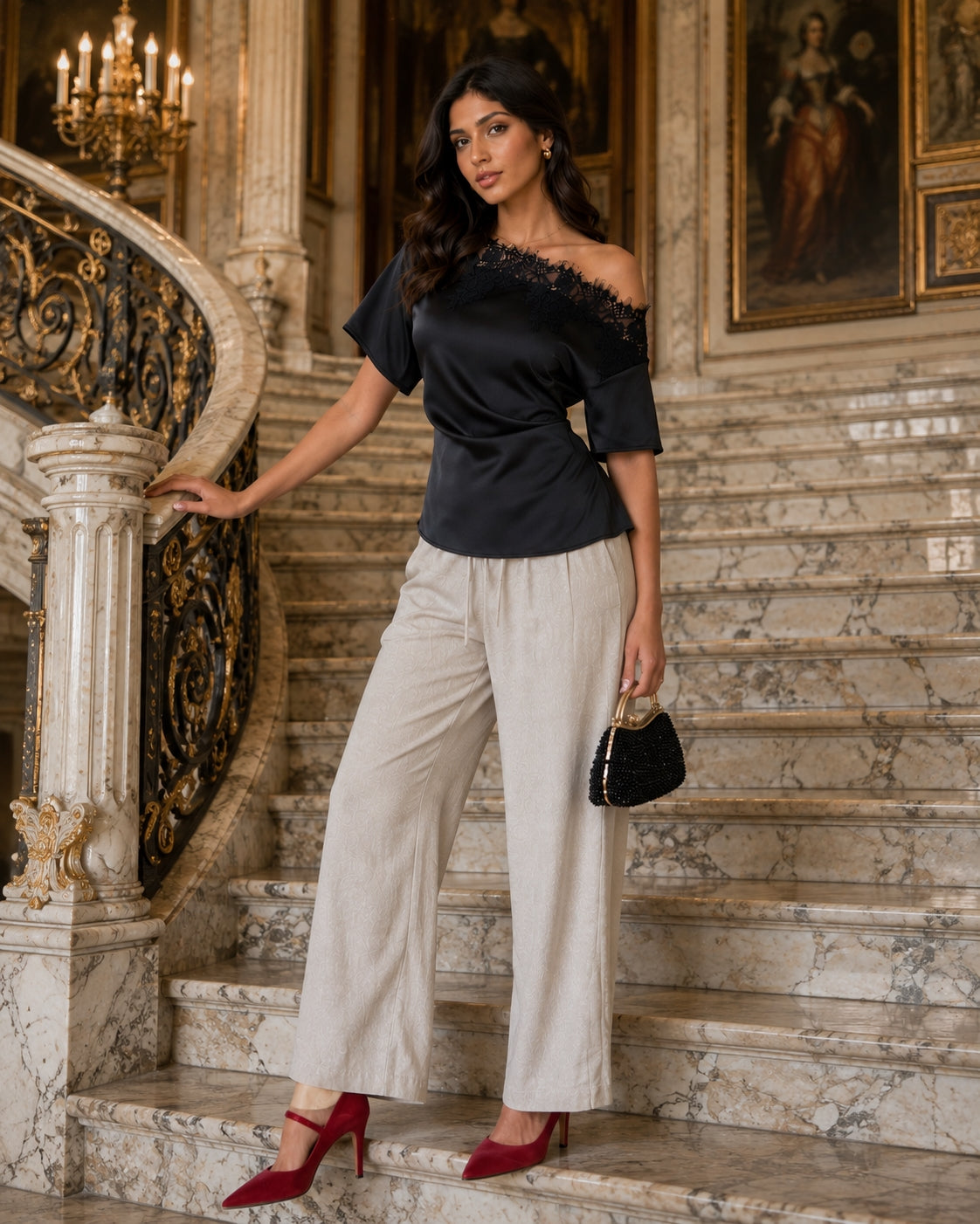 Elegant temperament women's top with lace splicing, sloping collar, waist cinching, solid color, irregular short sleeved top Natalia Home Fashion    Natalia Home Fashion
