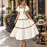 Women's Vintage Square Neck Flutter Sleeve Dress Summer Black Scallop Trim Tiered Ruffle Long Casual Vacation A-line Natalia Home Fashion    Natalia Home Fashion