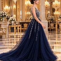 Evening Dress Luxury A-Line  Thin Straps Crystal Beaded Open Back formal Floor Length ball Gown Natalia Home Fashion    Natalia Home Fashion