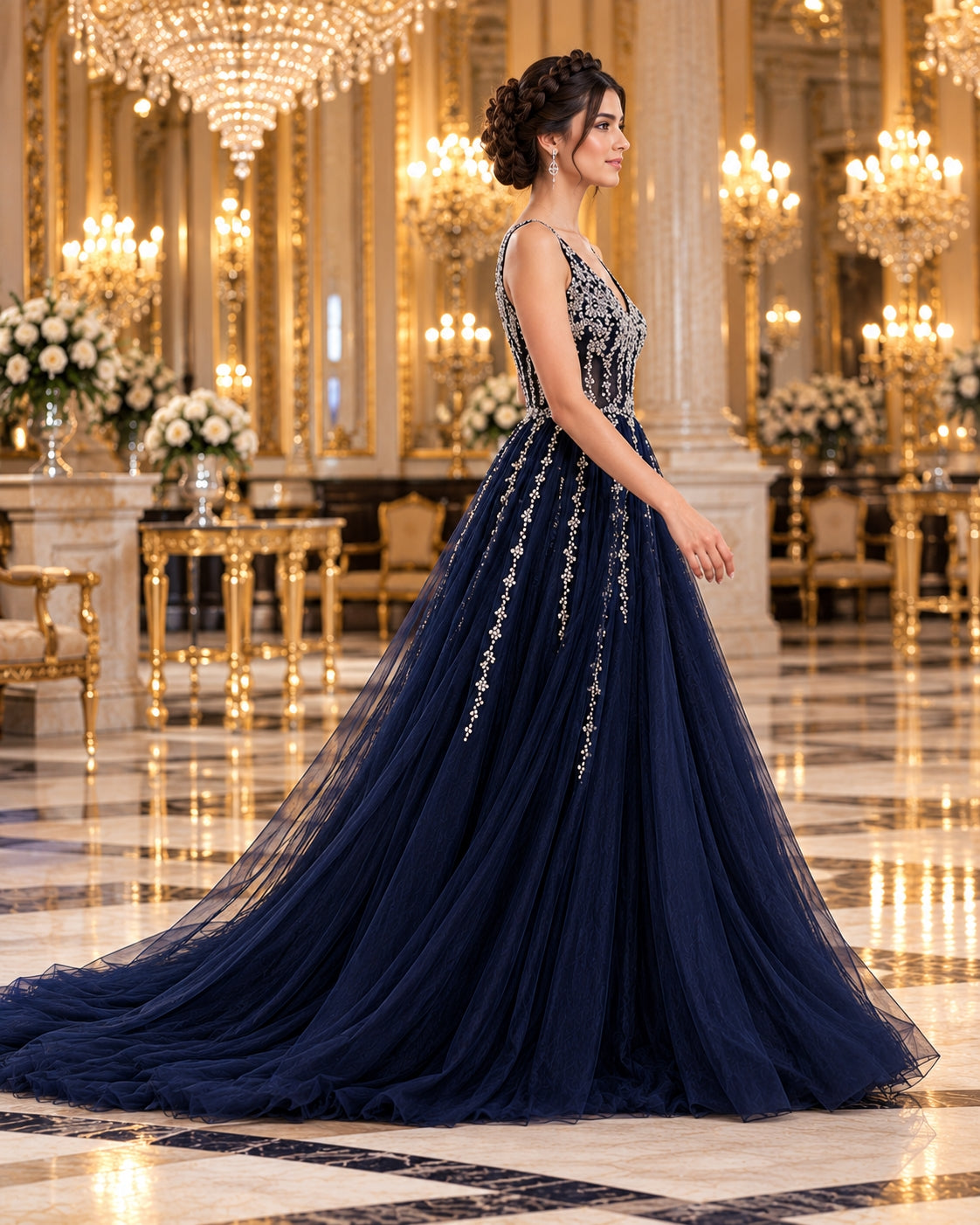 Evening Dress Luxury A-Line  Thin Straps Crystal Beaded Open Back formal Floor Length ball Gown Natalia Home Fashion    Natalia Home Fashion