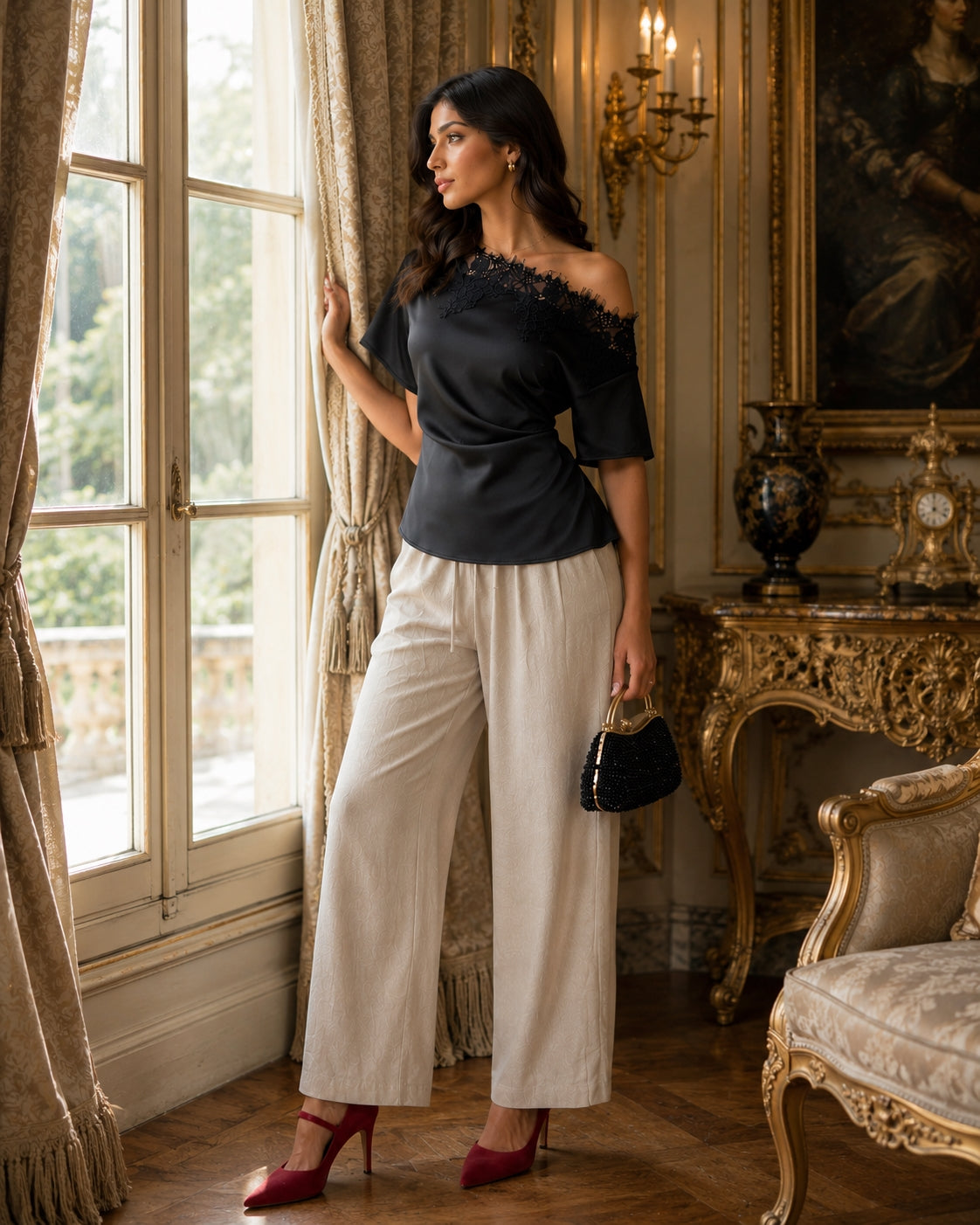 Elegant temperament women's top with lace splicing, sloping collar, waist cinching, solid color, irregular short sleeved top Natalia Home Fashion    Natalia Home Fashion