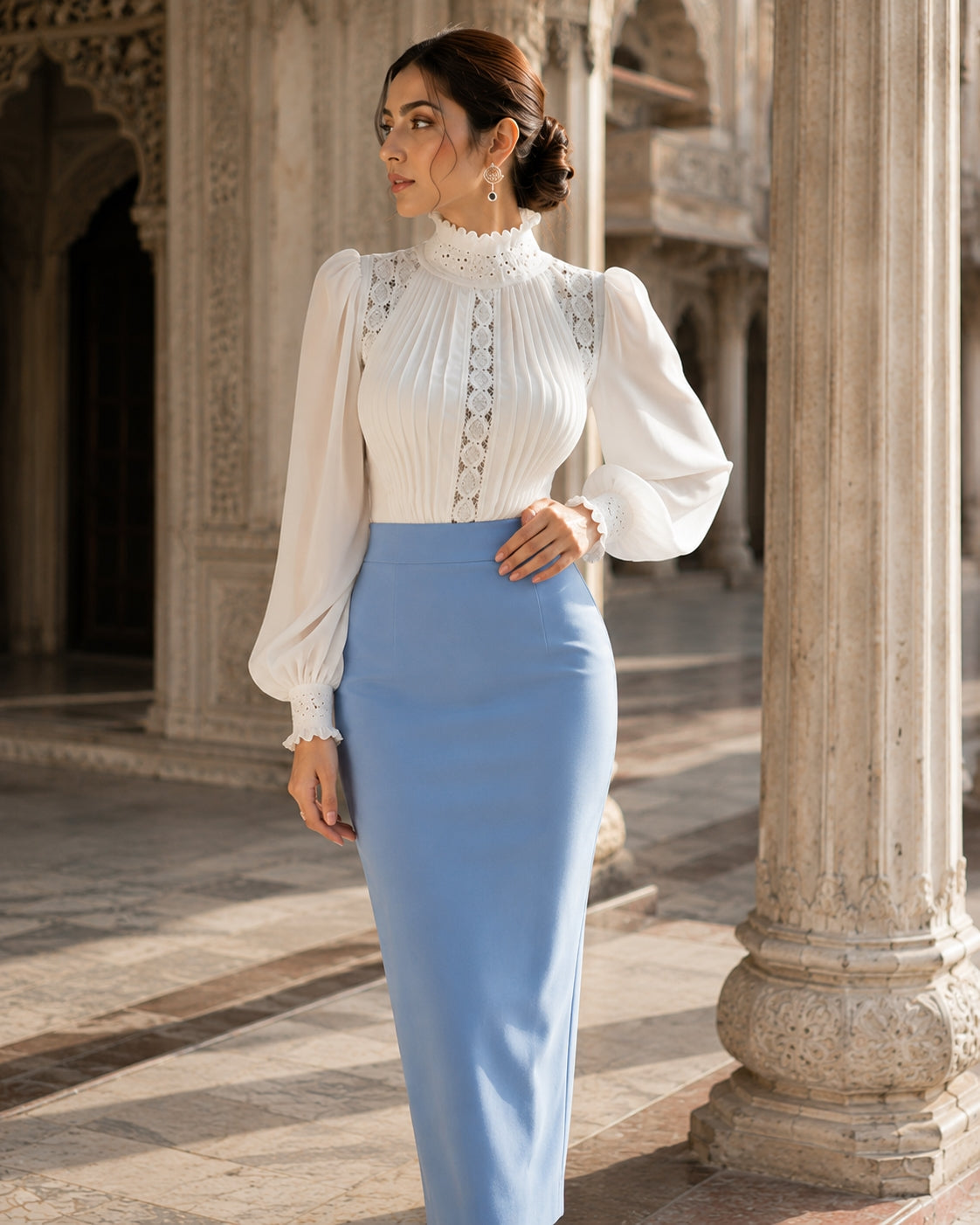 Spring Ladies Patchwork Lace Hollow Out Long Sleeve Shirt Tops Women's Solid Color Stand Collar Blouses Natalia Home Fashion    Natalia Home Fashion