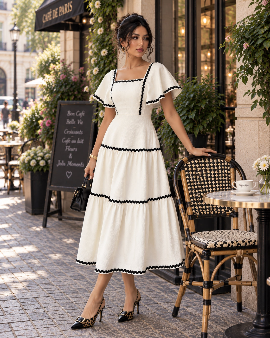 Women's Vintage Square Neck Flutter Sleeve Dress Summer Black Scallop Trim Tiered Ruffle Long Casual Vacation A-line Natalia Home Fashion    Natalia Home Fashion
