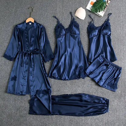 5pcs Plus Size Night Gowns Sexy Sleepwear Suit Lace Satin Nightdress For Women Set Sex Sleep Wear Soft Silk Pajamas My Store Midnight Rebel   Natalia Home Fashion
