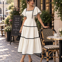 Women's Vintage Square Neck Flutter Sleeve Dress Summer Black Scallop Trim Tiered Ruffle Long Casual Vacation A-line Natalia Home Fashion    Natalia Home Fashion