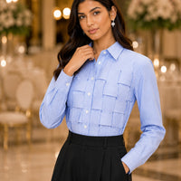 Blue Long Sleeved Striped Shirts for Women Polo Neck Cool and Elegant Women's Shirts