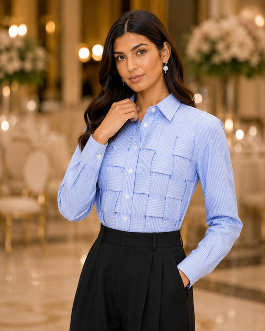 Blue Long Sleeved Striped Shirts for Women Polo Neck Cool and Elegant Women's Shirts Natalia Home Fashion    Natalia Home Fashion