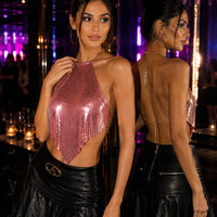 Fashion Halter Neck Backless Crop Top Glitter Metal Sequins Sleeveless Dew Waist Tank Top Summer Women Rave Festival Camisole