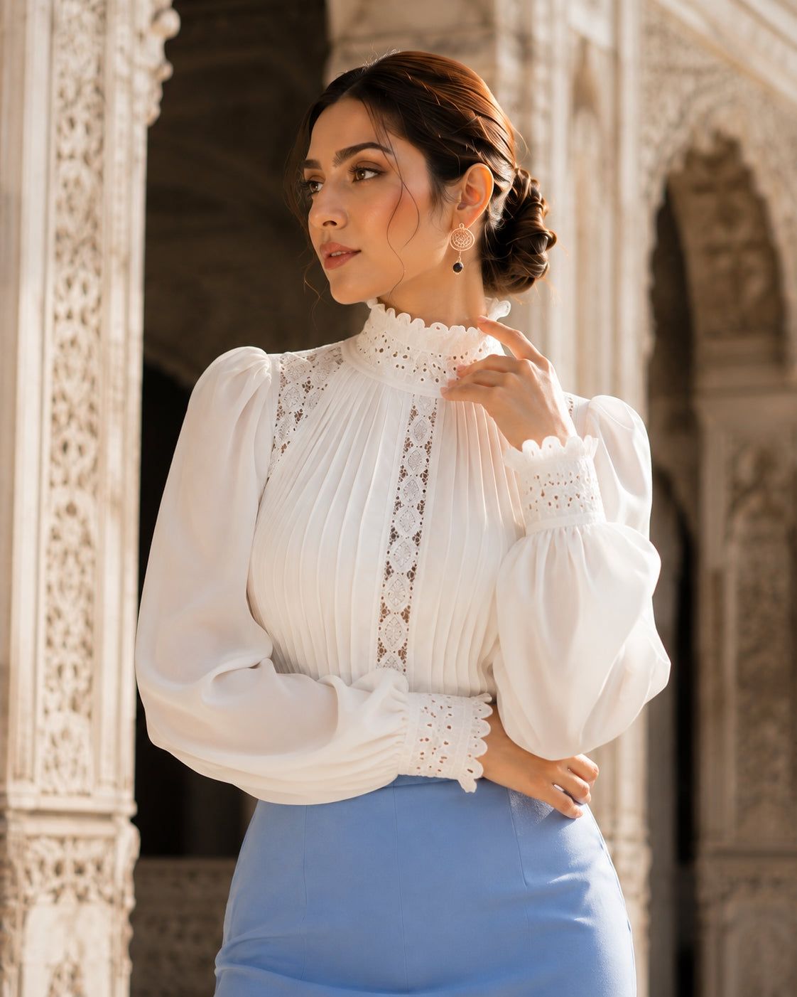 Spring Ladies Patchwork Lace Hollow Out Long Sleeve Shirt Tops Women's Solid Color Stand Collar Blouses Natalia Home Fashion    Natalia Home Fashion