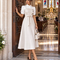 Women's Elegant Turn-down Collar Puff Sleeve Lace-up High Waist Spliced False Two-piece A-line Midi Dress for Office Daily casual Wear Natalia Home Fashion    Natalia Home Fashion