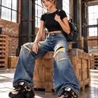 Irregular Hole Vintage Jeans Women Distressed Washed Wide Leg Loose Denim Pants Natalia Home Fashion    Natalia Home Fashion