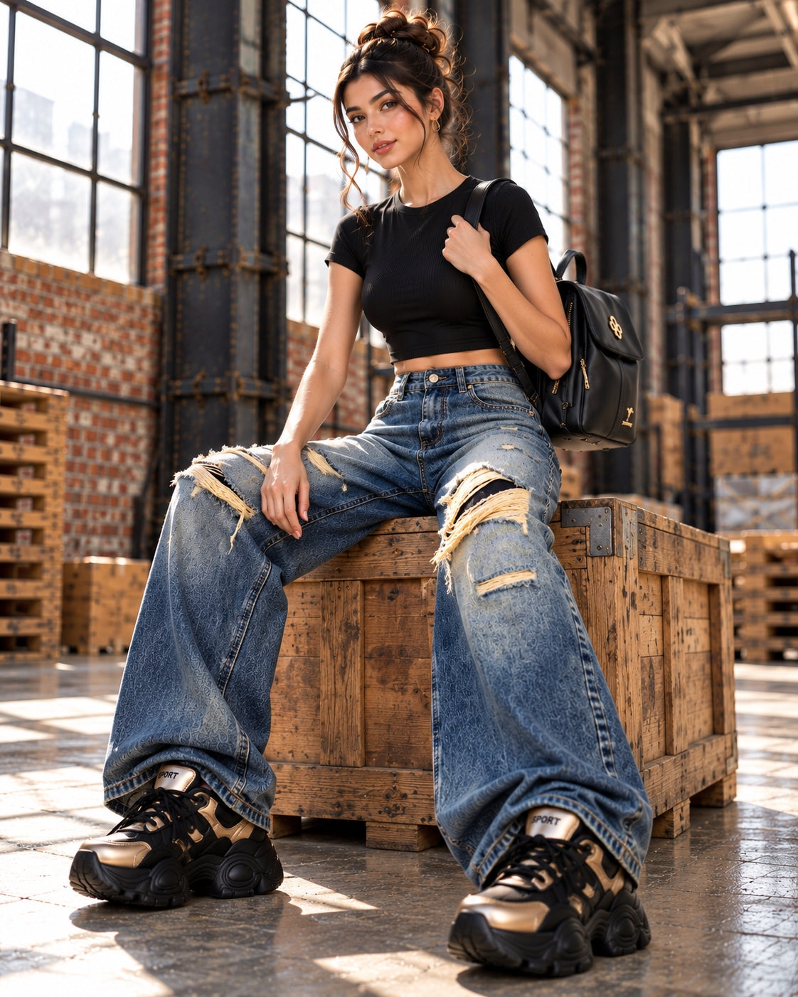 Irregular Hole Vintage Jeans Women Distressed Washed Wide Leg Loose Denim Pants Natalia Home Fashion    Natalia Home Fashion