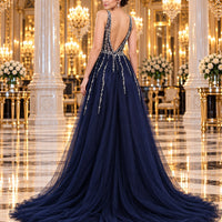 Evening Dress Luxury A-Line  Thin Straps Crystal Beaded Open Back formal Floor Length ball Gown Natalia Home Fashion    Natalia Home Fashion