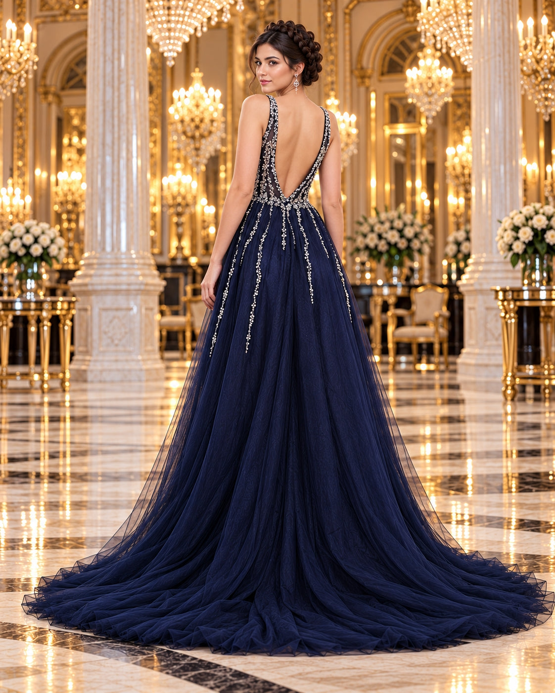 Evening Dress Luxury A-Line  Thin Straps Crystal Beaded Open Back formal Floor Length ball Gown Natalia Home Fashion    Natalia Home Fashion