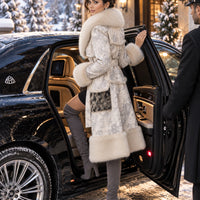 Genuine Sheep Shearling Trench Coat Fluffy Big Real Fox Fur Collar Winter Long Natural Leather Coat for Women Natalia Home Fashion    Natalia Home Fashion